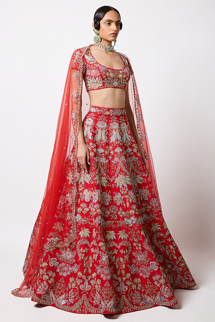 Red Raw Silk Applique Embellished Bridal Lehenga Set by Aisha Rao at Pernia's Pop Up Shop