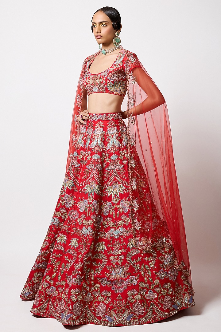 Red Raw Silk Applique Embellished Bridal Lehenga Set by Aisha Rao at Pernia's Pop Up Shop