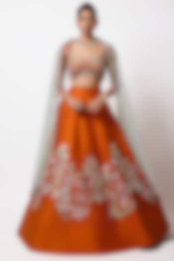 Orange Raw Silk Applique Embellished Bridal Lehenga Set by Aisha Rao at Pernia's Pop Up Shop