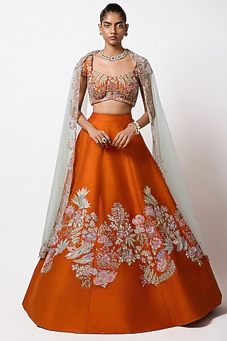 Orange Raw Silk Applique Embellished Lehenga Set by Aisha Rao