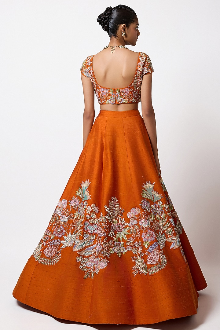Orange Raw Silk Applique Embellished Bridal Lehenga Set by Aisha Rao at Pernia's Pop Up Shop