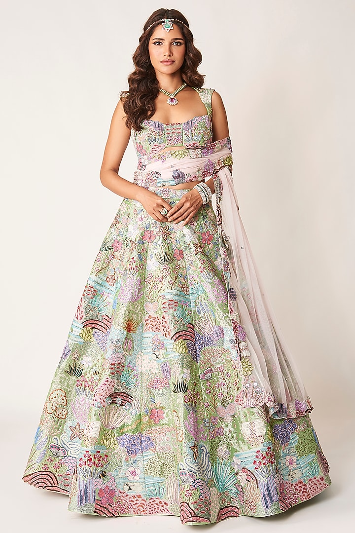 Green Tissue Applique Embellished Bridal Lehenga Set by Aisha Rao at Pernia's Pop Up Shop