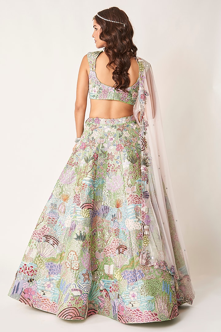 Green Tissue Applique Embellished Bridal Lehenga Set by Aisha Rao at Pernia's Pop Up Shop