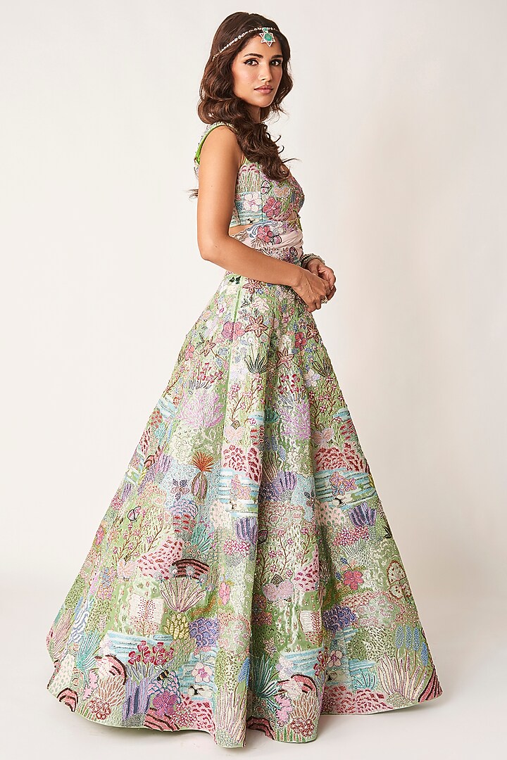 Green Tissue Applique Embellished Bridal Lehenga Set by Aisha Rao at Pernia's Pop Up Shop