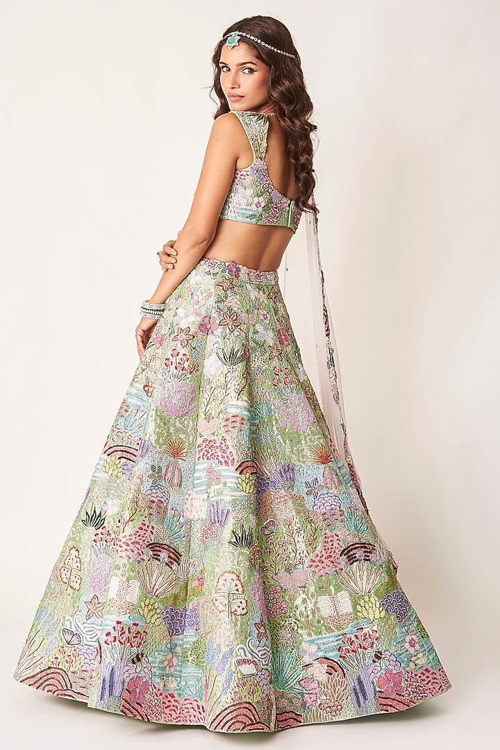 Green Tissue Applique Embellished Bridal Lehenga Set by Aisha Rao at Pernia's Pop Up Shop
