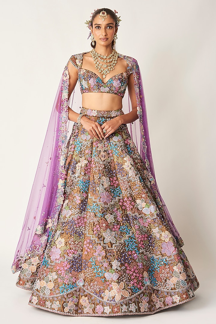 Copper Metallic Tissue Applique Embellished Bridal Lehenga Set by Aisha Rao at Pernia's Pop Up Shop