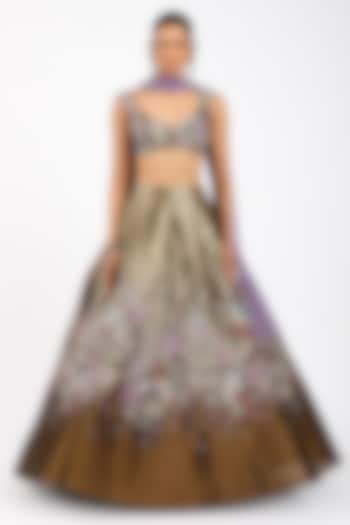 Copper Metallic Tissue Applique Embellished Bridal Lehenga Set by Aisha Rao at Pernia's Pop Up Shop
