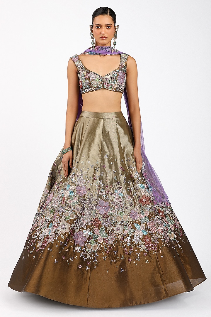 Copper Metallic Tissue Applique Embellished Bridal Lehenga Set by Aisha Rao at Pernia's Pop Up Shop
