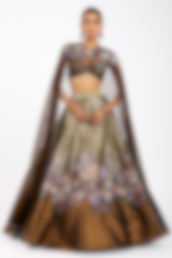 Copper Metallic Tissue Applique Embellished Bridal Lehenga Set by Aisha Rao at Pernia's Pop Up Shop
