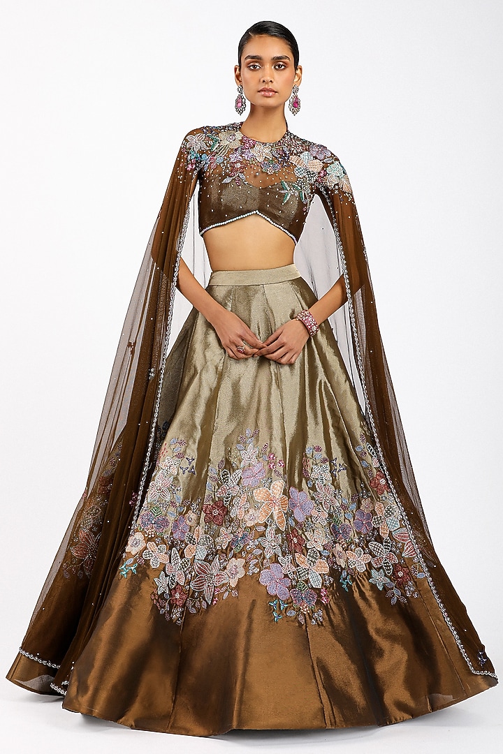 Copper Metallic Tissue Applique Embellished Bridal Lehenga Set by Aisha Rao at Pernia's Pop Up Shop
