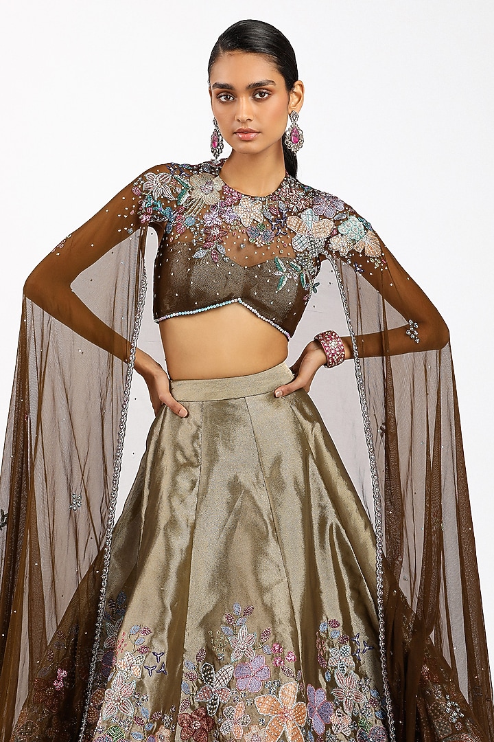 Copper Metallic Tissue Applique Embellished Bridal Lehenga Set by Aisha Rao at Pernia's Pop Up Shop