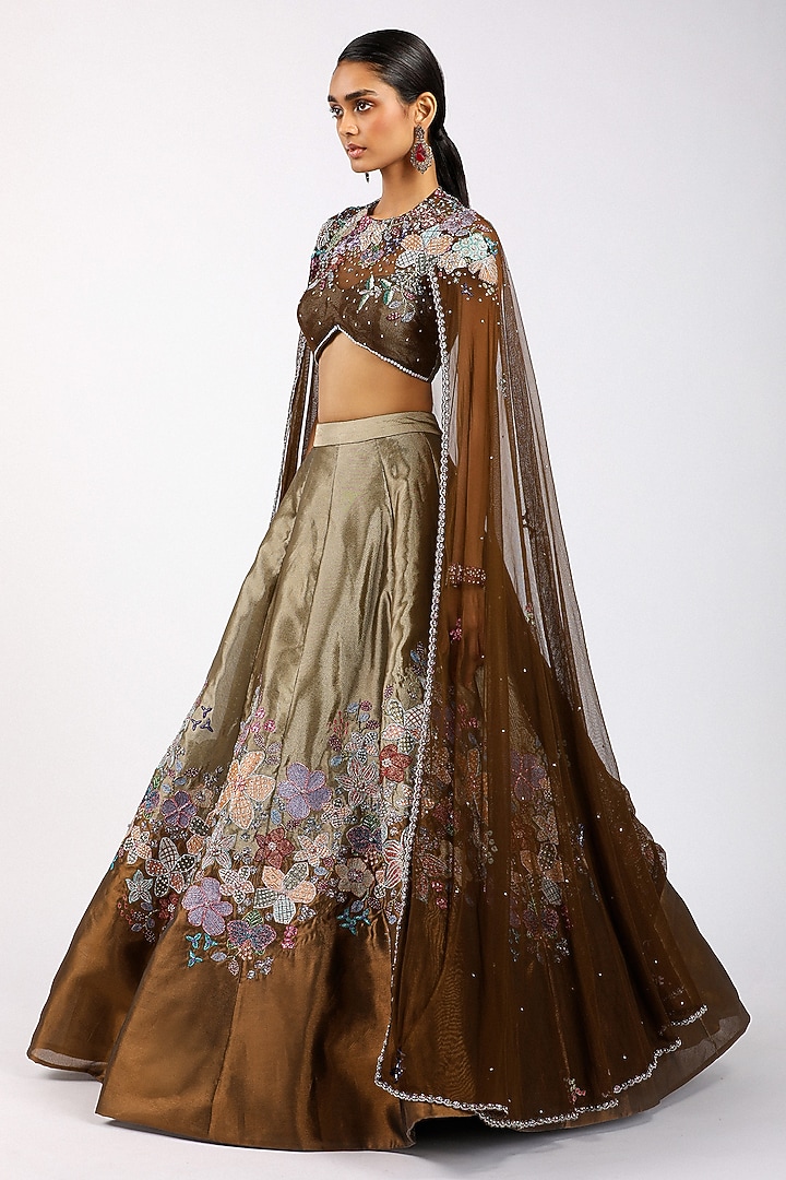 Copper Metallic Tissue Applique Embellished Bridal Lehenga Set by Aisha Rao at Pernia's Pop Up Shop