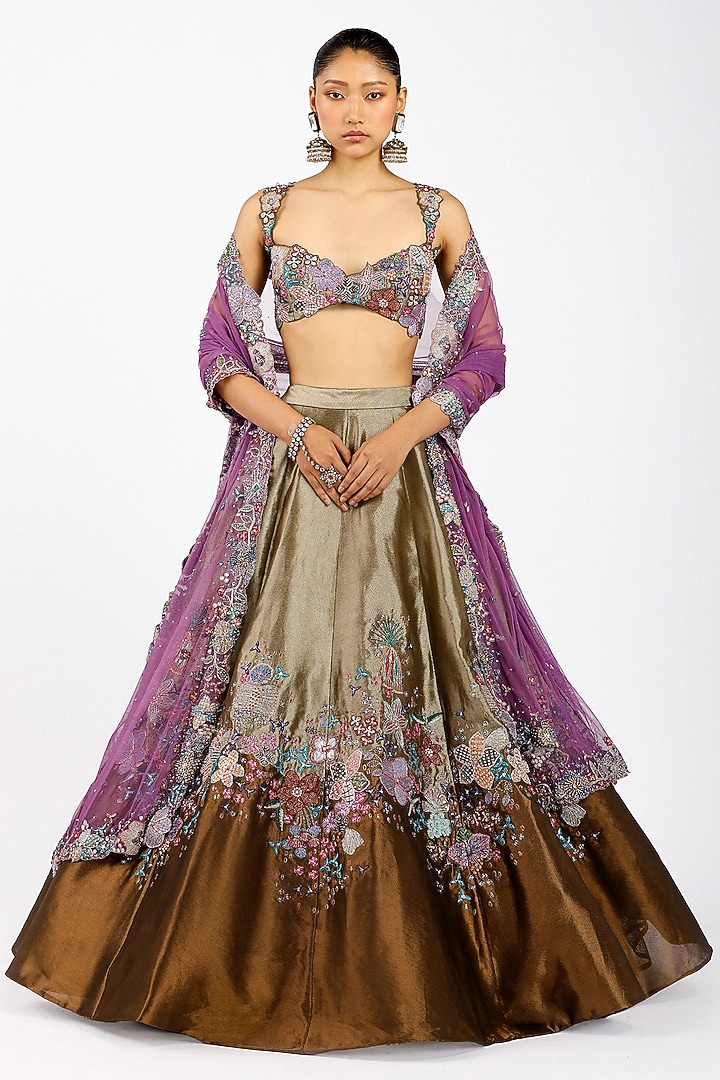 Copper Metallic Tissue Applique Embellished Bridal Lehenga Set by Aisha Rao at Pernia's Pop Up Shop