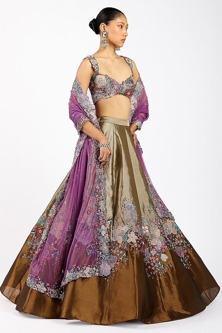 Copper Metallic Tissue Applique Embellished Bridal Lehenga Set by Aisha Rao at Pernia's Pop Up Shop