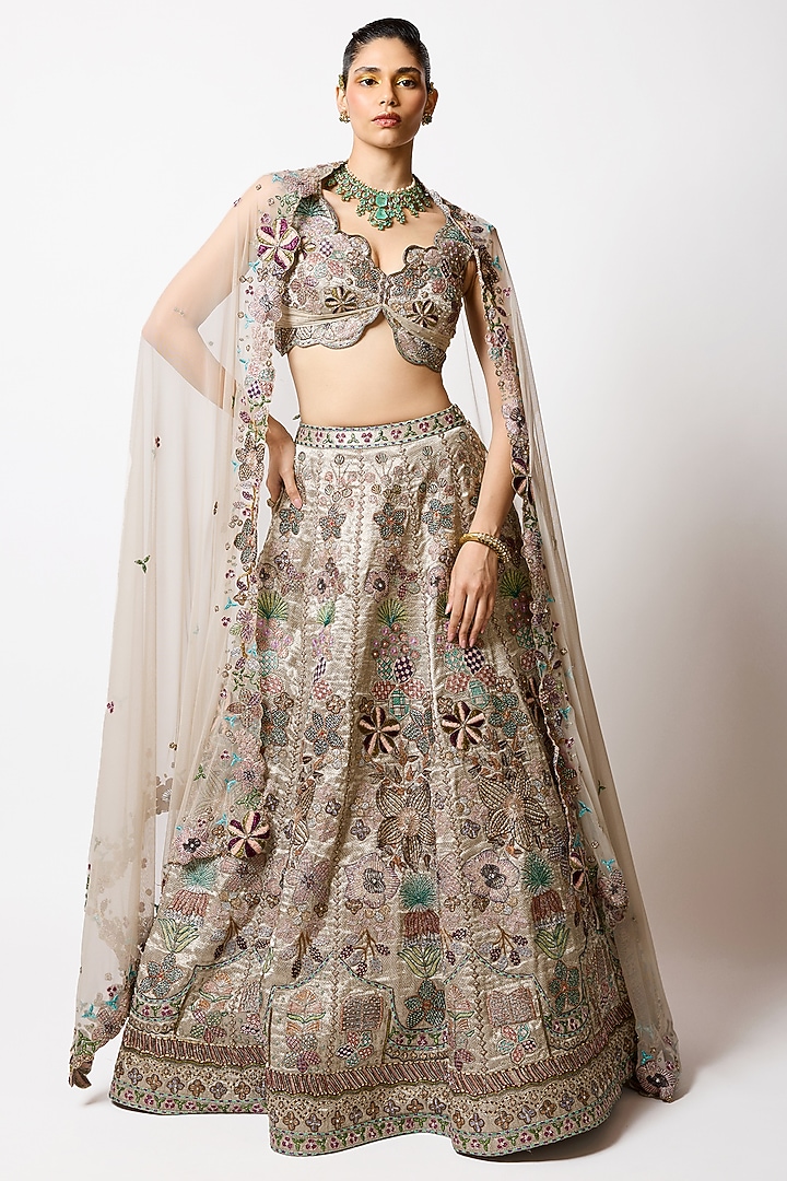 Silver & Gold Banarasi Tissue Brocade Embellished Bridal Lehenga Set by Aisha Rao at Pernia's Pop Up Shop