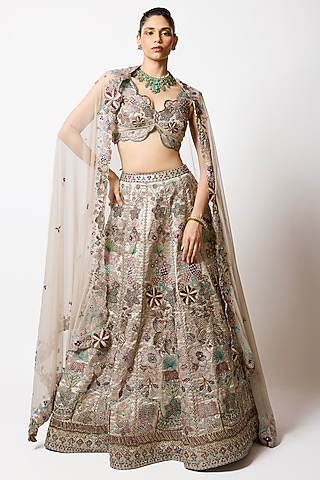 Silver & Gold Banarasi Tissue Brocade Embellished Lehenga Set by Aisha Rao