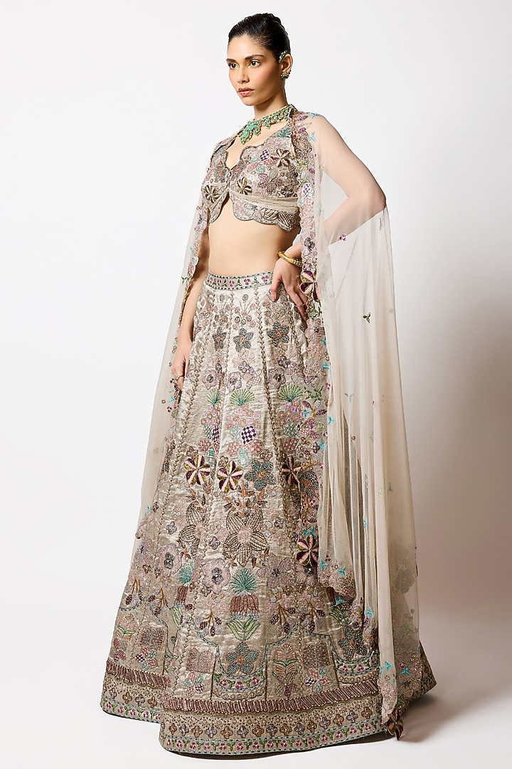 Silver & Gold Banarasi Tissue Brocade Embellished Bridal Lehenga Set by Aisha Rao at Pernia's Pop Up Shop