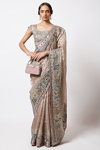 Champagne Banarasi Tissue Brocade Embellished Saree Set by Aisha Rao