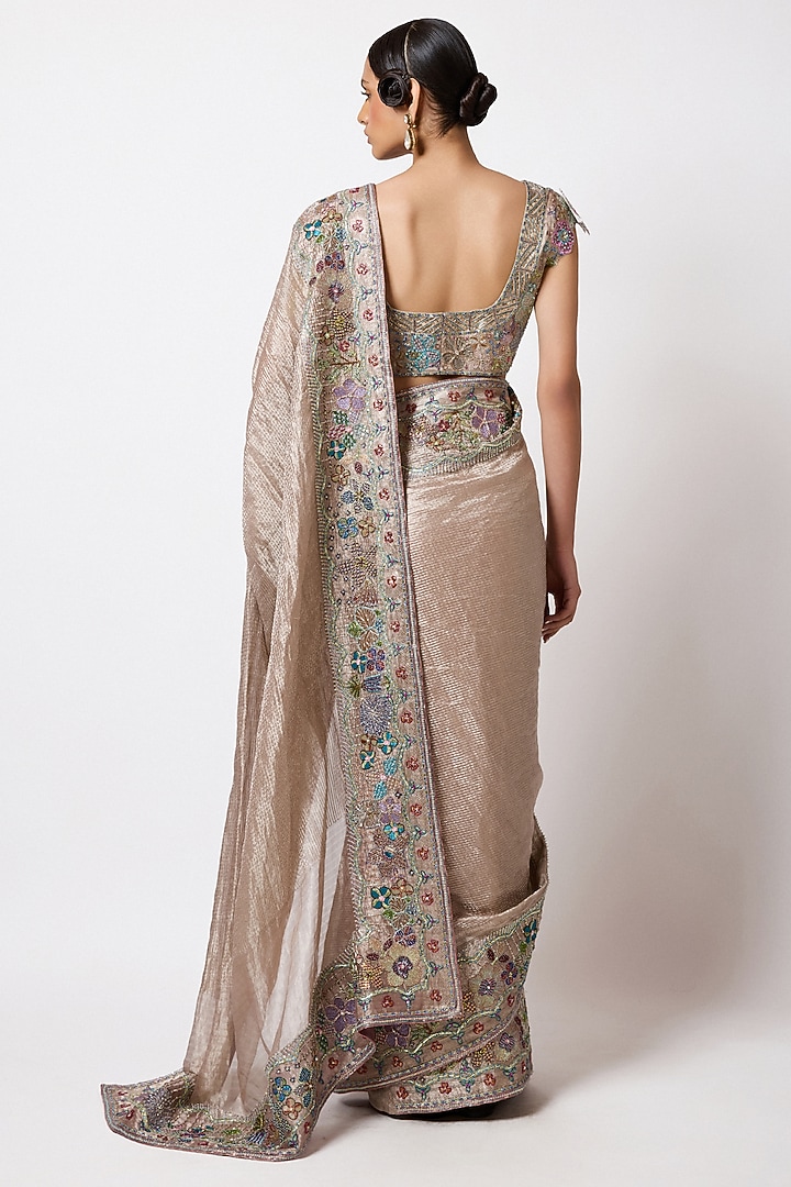 Champagne Banarasi Tissue Brocade Embellished Bridal Saree Set by Aisha Rao at Pernia's Pop Up Shop