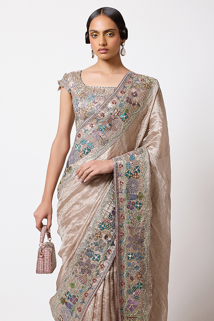 Champagne Banarasi Tissue Brocade Embellished Bridal Saree Set by Aisha Rao at Pernia's Pop Up Shop