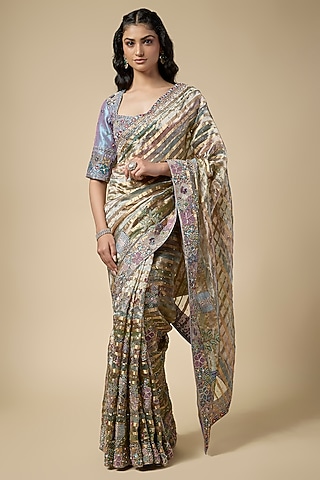 Multi-Colored Banarasi Tissue Brocade Embellished Saree Set by Aisha Rao