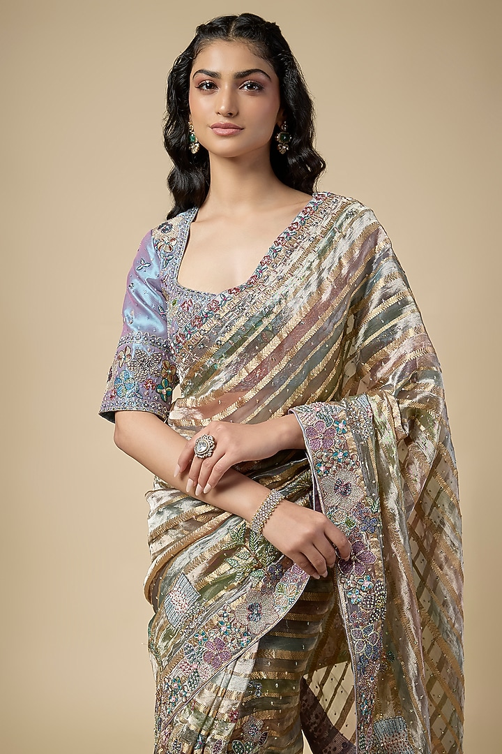 Multi-Colored Banarasi Tissue Brocade Embellished Bridal Saree Set by Aisha Rao at Pernia's Pop Up Shop