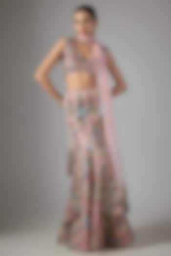 Pink Tulle Applique Embellished Fishtail Bridal Lehenga Set by Aisha Rao at Pernia's Pop Up Shop