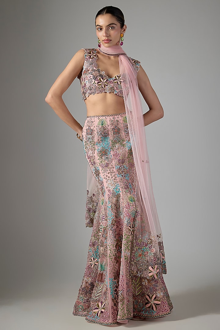 Pink Tulle Applique Embellished Fishtail Bridal Lehenga Set by Aisha Rao at Pernia's Pop Up Shop