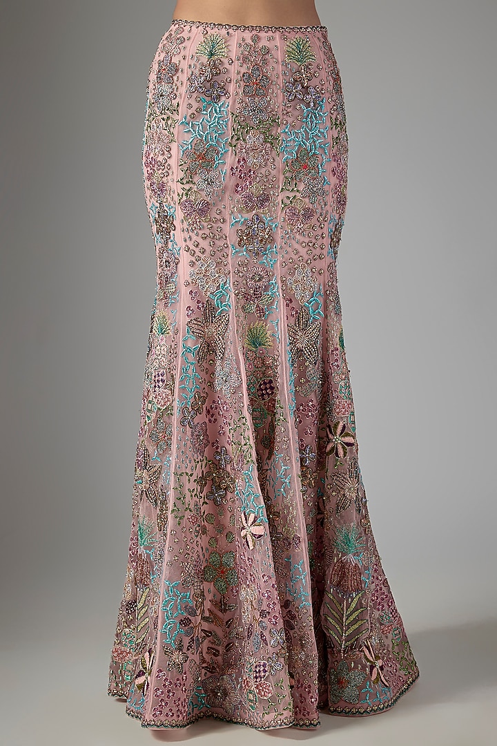 Pink Tulle Applique Embellished Fishtail Bridal Lehenga Set by Aisha Rao at Pernia's Pop Up Shop