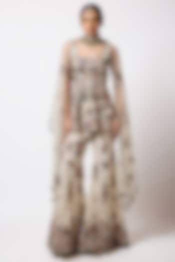 Light Ivory Tulle Net Embellished Bridal Sharara Set by Aisha Rao at Pernia's Pop Up Shop