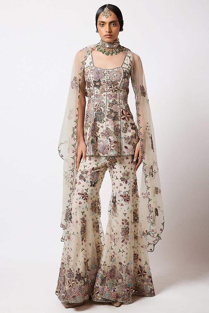 Light Ivory Tulle Net Embellished Bridal Sharara Set by Aisha Rao at Pernia's Pop Up Shop