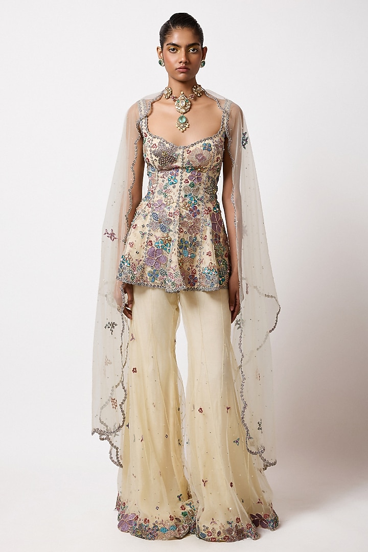 Ivory Tulle Net Embellished Bridal Sharara Set by Aisha Rao at Pernia's Pop Up Shop
