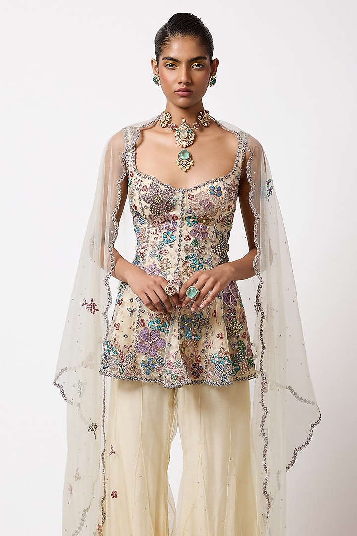 Ivory Tulle Net Embellished Bridal Sharara Set by Aisha Rao at Pernia's Pop Up Shop