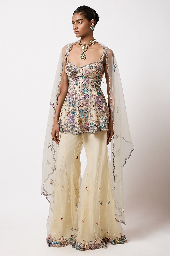 Ivory Tulle Net Embellished Bridal Sharara Set by Aisha Rao at Pernia's Pop Up Shop