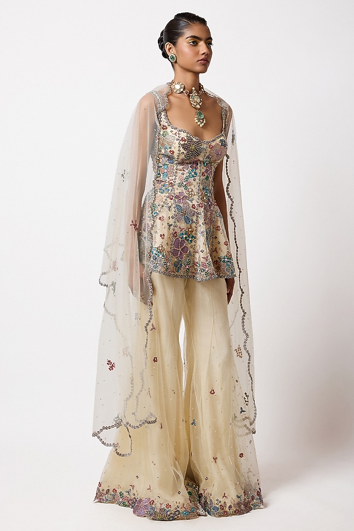 Ivory Tulle Net Embellished Bridal Sharara Set by Aisha Rao at Pernia's Pop Up Shop