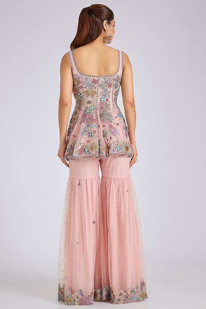 Pastel Pink Tulle Embellished Bridal Sharara Set by Aisha Rao at Pernia's Pop Up Shop