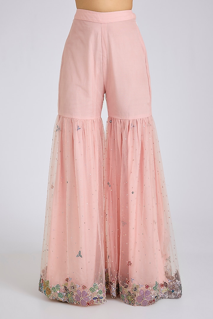 Pastel Pink Tulle Embellished Bridal Sharara Set by Aisha Rao at Pernia's Pop Up Shop