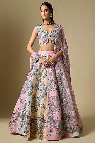 Matilda Tri-Colored Raw Silk Applique Embellished Lehenga Set by Aisha Rao
