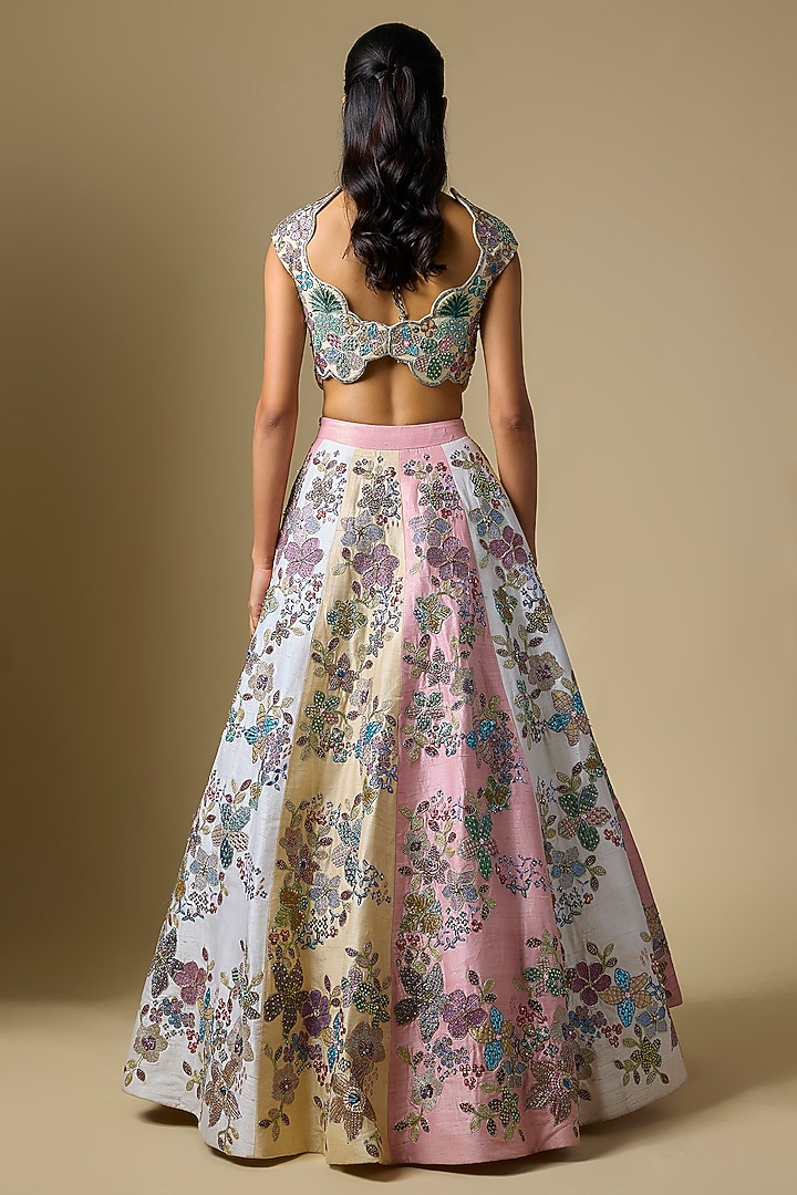 Matilda Tri-Colored Raw Silk Applique Embellished Bridal Lehenga Set by Aisha Rao at Pernia's Pop Up Shop