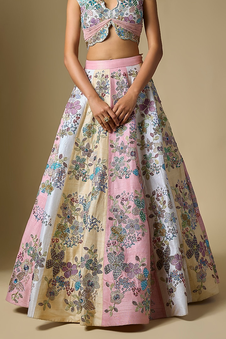 Matilda Tri-Colored Raw Silk Applique Embellished Bridal Lehenga Set by Aisha Rao at Pernia's Pop Up Shop