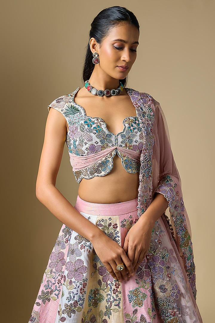 Matilda Tri-Colored Raw Silk Applique Embellished Bridal Lehenga Set by Aisha Rao at Pernia's Pop Up Shop