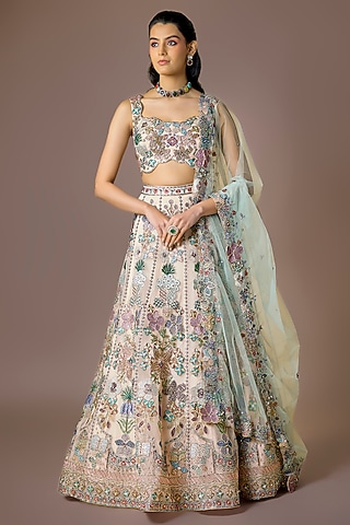 Baby Pink Tulle Net Applique Embellished Lehenga Set by Aisha Rao