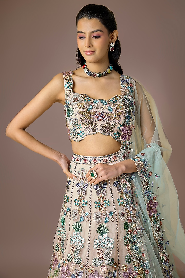 Baby Pink Tulle Net Applique Embellished Bridal Lehenga Set by Aisha Rao at Pernia's Pop Up Shop