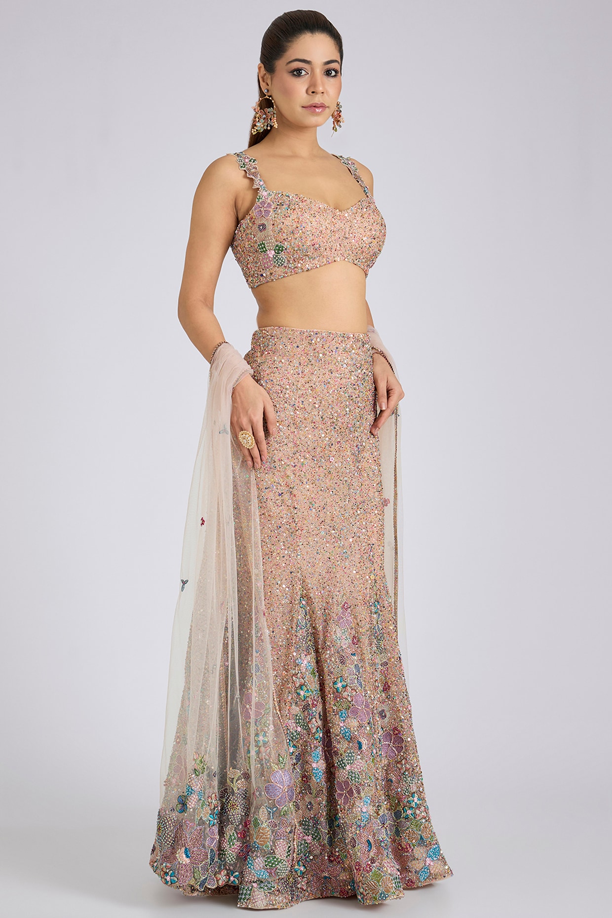 Aisha Rao Matilda Pink Tulle Applique Embellished Fish-Tail Lehenga Set