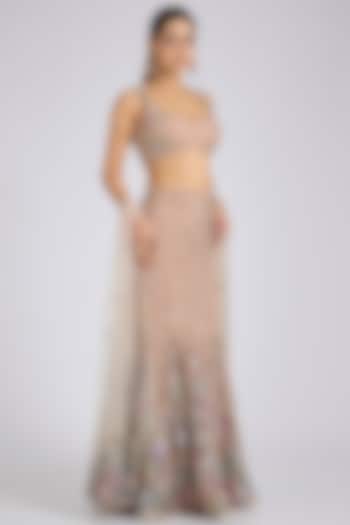 Matilda Pink Tulle Applique Embellished Fish-Tail Bridal Lehenga Set by Aisha Rao at Pernia's Pop Up Shop