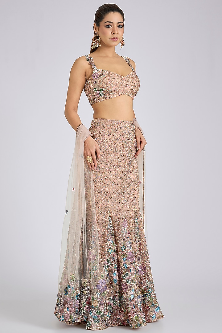 Matilda Pink Tulle Applique Embellished Fish-Tail Bridal Lehenga Set by Aisha Rao at Pernia's Pop Up Shop
