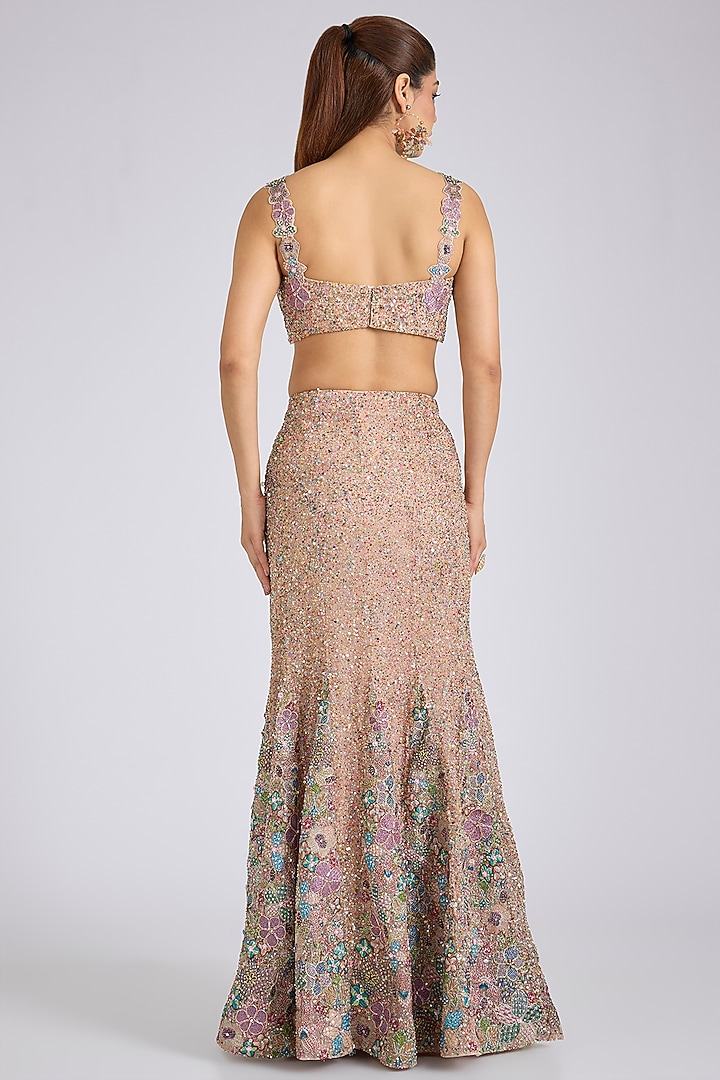 Matilda Pink Tulle Applique Embellished Fish-Tail Bridal Lehenga Set by Aisha Rao at Pernia's Pop Up Shop