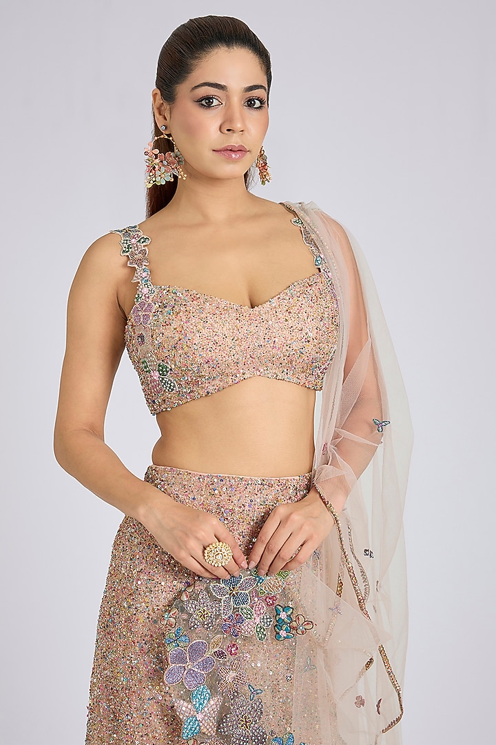 Matilda Pink Tulle Applique Embellished Fish-Tail Bridal Lehenga Set by Aisha Rao at Pernia's Pop Up Shop