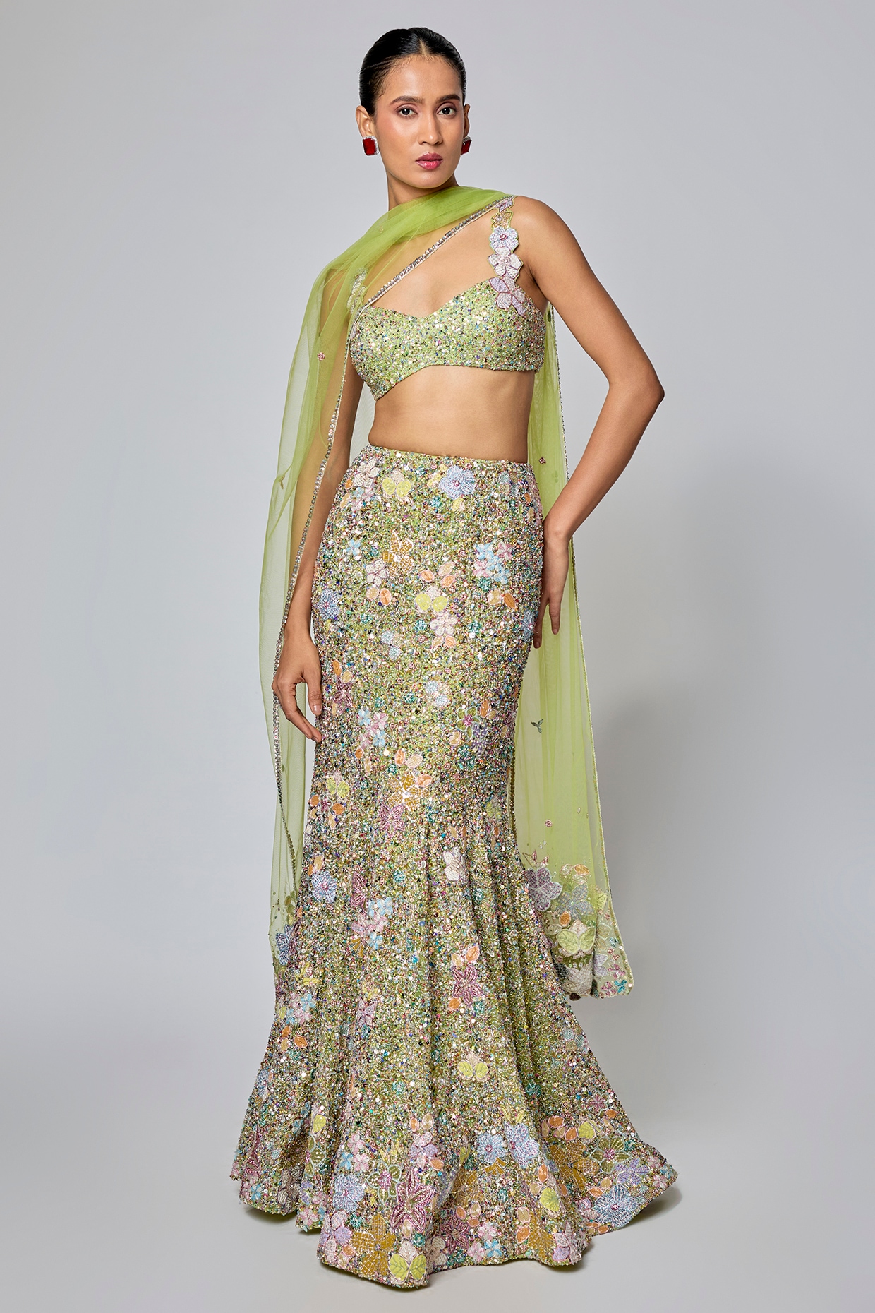 Aisha Rao Lime Green Tulle Applique Embellished Lehenga Set