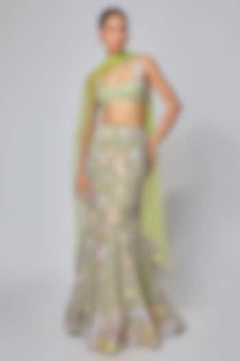Lime Green Tulle Applique Embellished Bridal Lehenga Set by Aisha Rao at Pernia's Pop Up Shop
